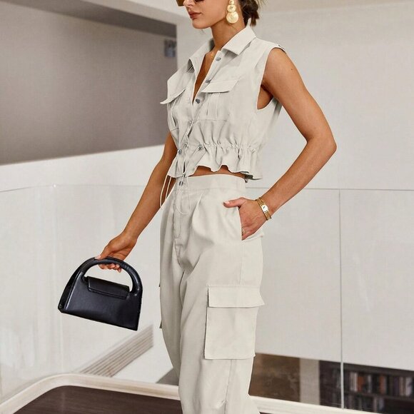 Casual Women's Denim Effect With Drawstring Waist Top & Cargo Pants - Picture 4 of 4